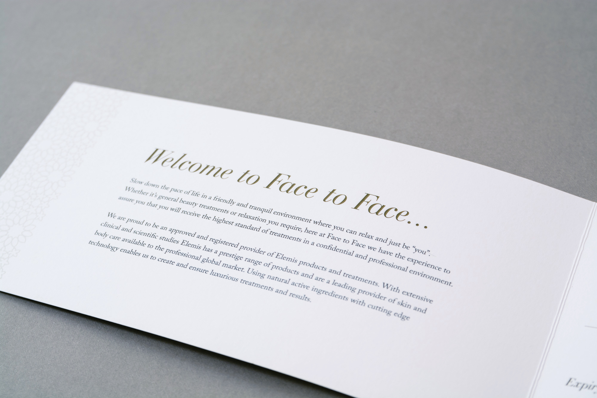 Face to face foil brochure welcome – Geo & Co creative.